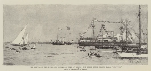 Příjezd vévody a vévodkyně z Yorku do Cowes, královská jachta kolem HMS Neptun